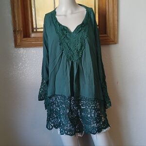 Forest Green Lace Women's Blouse XL Bell Sleeves 3/4 Boho Cottagecore Flowy